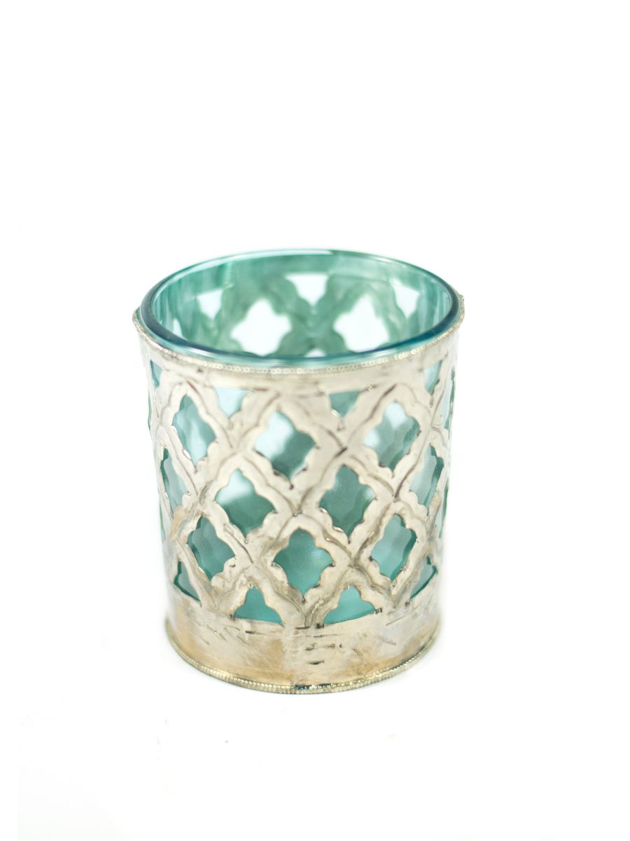 Set De 3 Portavelas De Metal Con Vidrio De Color