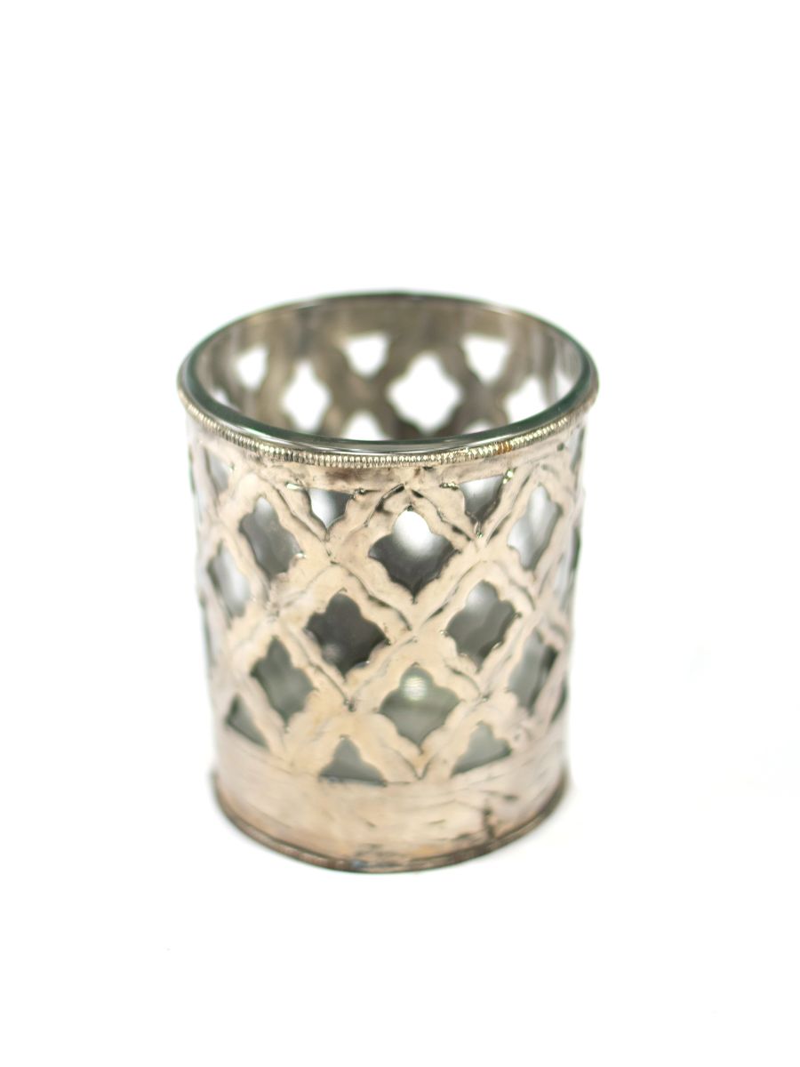 Set De 3 Portavelas De Metal Con Vidrio De Color