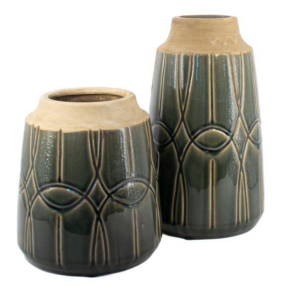 FLORERO CERAMICA NEGRO CON LINEAS