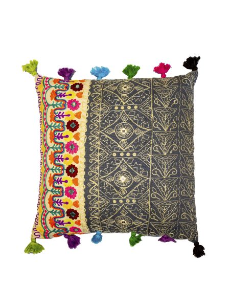 Almohadón cuadrado azul con borlas multicolor